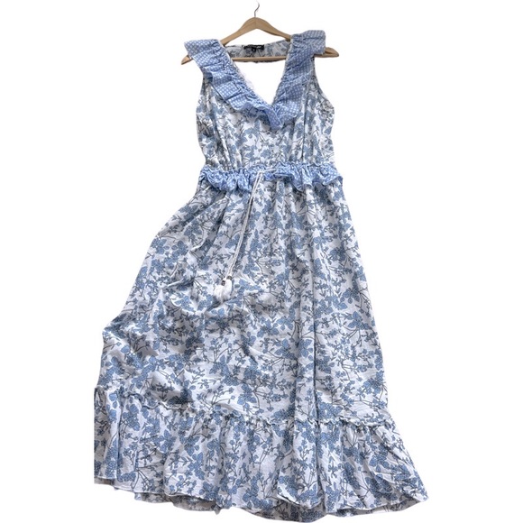Anthropologie Magari Blue White Floral Tier Boho Midi Short Casual Dress M - Picture 1 of 9